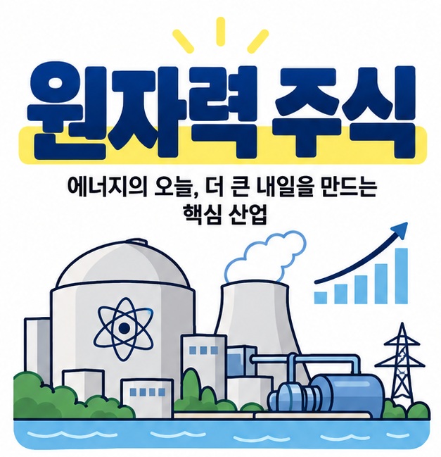 원자력 주식 문구와 원자로 시설, 발전설비, 주식 차트 아이콘을 보여주는 대표 카드