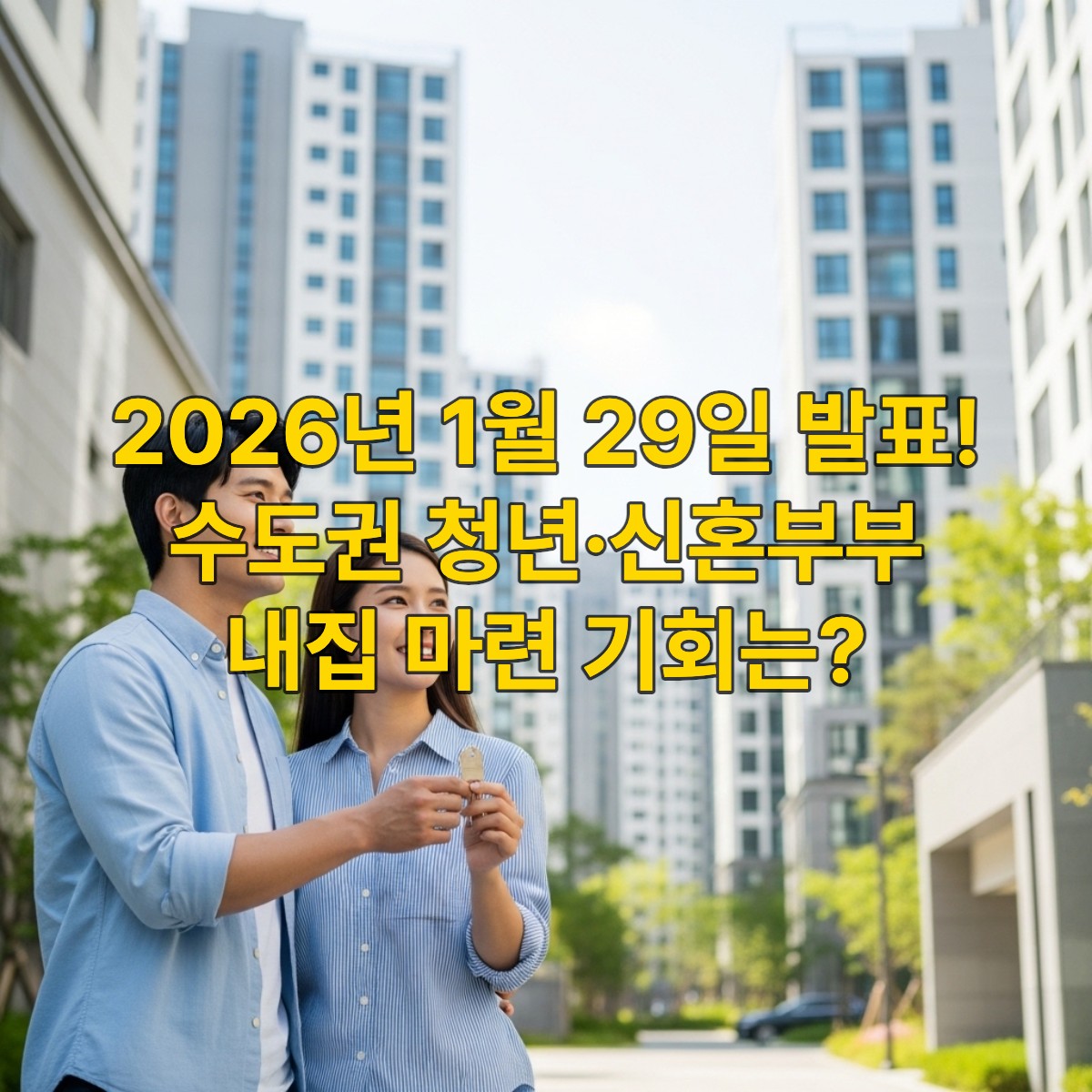 수도권 도심의 현대적인 아파트 단지를 배경으로 환하게 웃으며 집 열쇠를 들고 있는 청년 신혼부부. 새로운 주택 공급 확대로 내집 마련의 꿈을 이룬 듯 희망찬 모습.