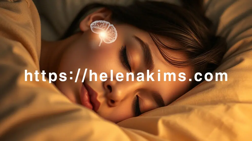 부드러운 침대 위에서 편안하게 잠든 여성의 잠든 얼굴 위로 뇌 부분이 은은하게 빛나며 정화되는 모습을 표현한 이미지.