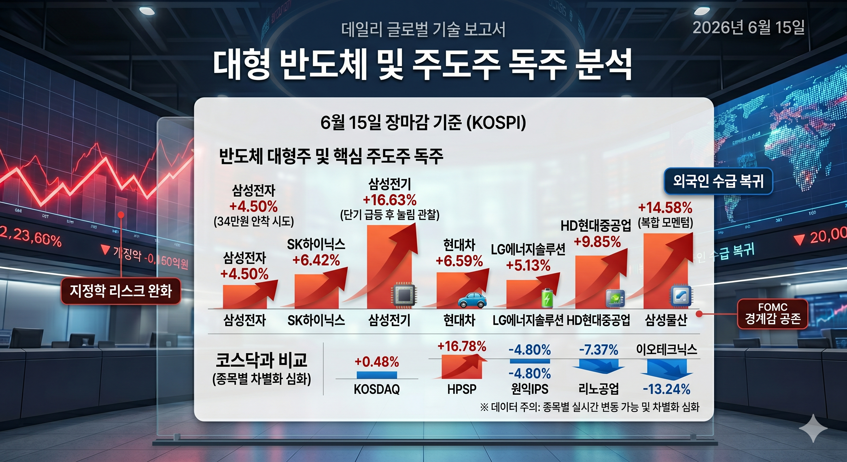 삼성전자, SK하이닉스 등 코스피 대형 반도체 및 주도주 독주 장세 요약 이미지.