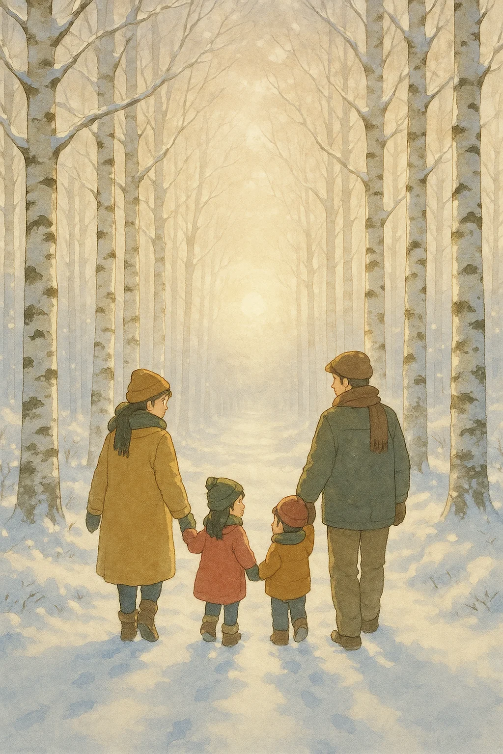 지브리 스타일로 그린 남이섬 겨울 아침, 눈 덮인 자작나무 길을 걷는 가족, 하얀 눈빛 속에 퍼지는 희미한 햇살, 포근하고 부드러운 색조의 감성적인 장면