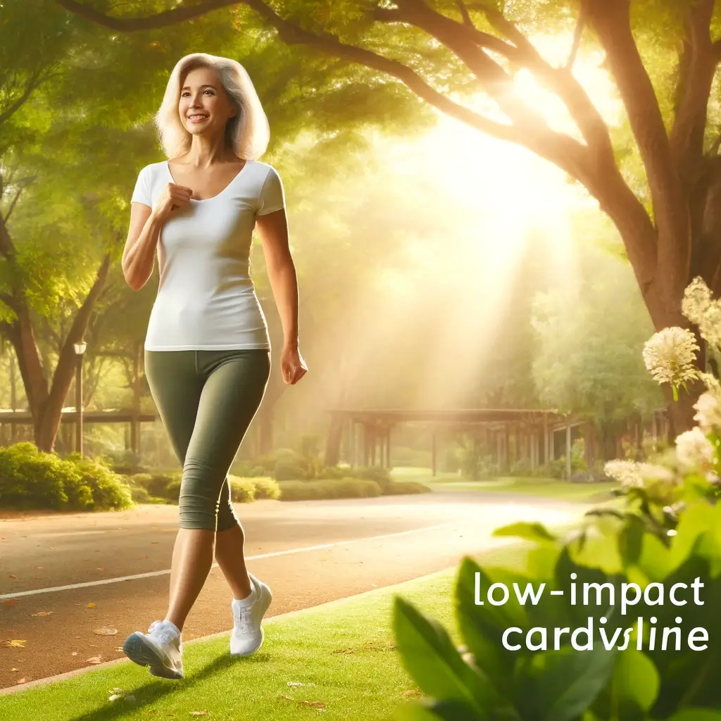 50세 이상의 여성이 고요한 공원을 활기차게 걷고 있는 모습