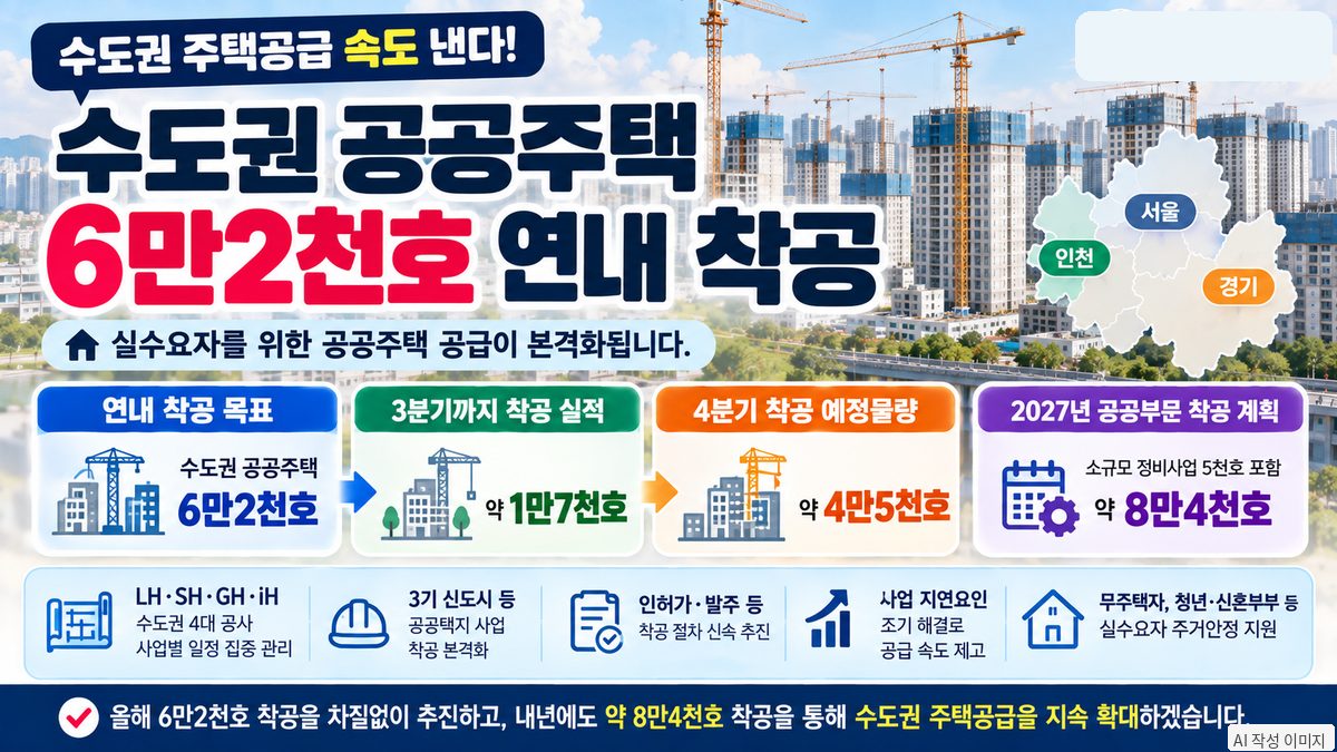 수도권 공공주택 6만2천호 연내 착공 목표와 3분기 실적, 4분기 예정 물량을 안내하는 이미지