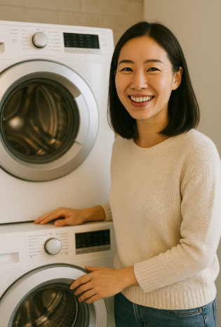 세탁기와 건조기를 쾌적하게 관리하여 행복한 동양인 여성