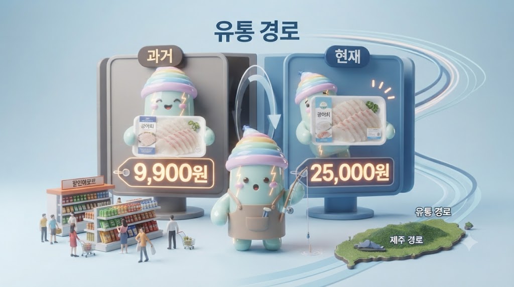 쫀쿠가 대형마트 수산 코너의 과거와 현재를 보여주는 입체적인 회전판 앞에 섰습니다. 과거를 상징하는 왼쪽 패널에서는 쫀쿠가 '9,900원'이라고 적힌 포장 광어회 팩을 들고 행복해하고 있고, 현재를 상징하는 오른쪽 패널에서는 가격이 오른 광어회 팩을 보며 놀란 표정을 짓고 있습니다. 국민 횟감의 가격 변화를 드라마틱하게 대비시킵니다.