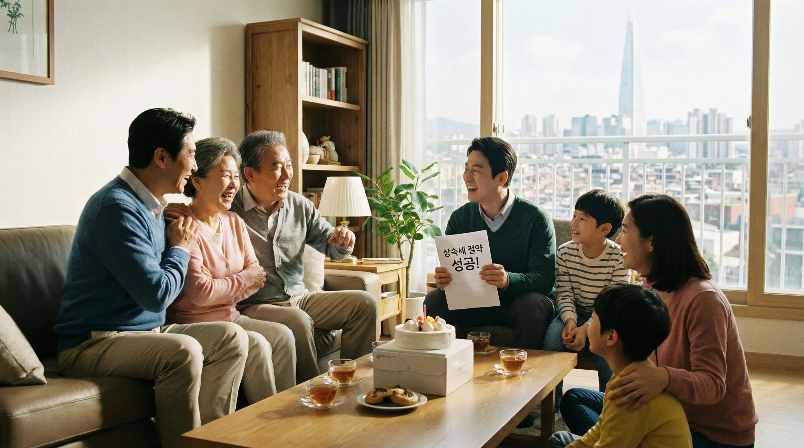 밝은 분위기의 한국 가정집에서 가족들이 상속받은 아파트 매도 후 세금 절약에 성공하여 안도하는 모습