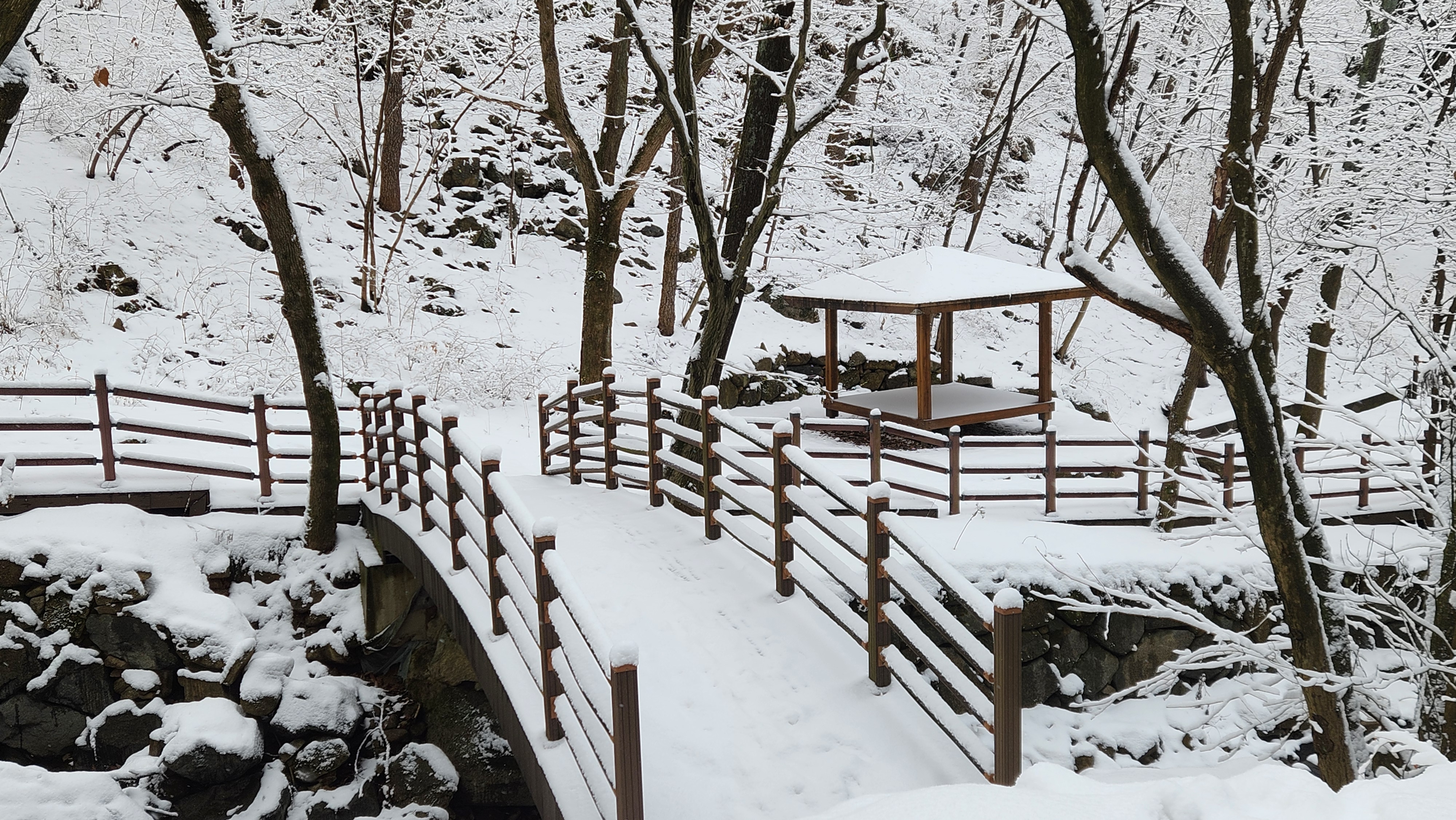 눈덮인 데크길. 더 미끄러울 수 있다.