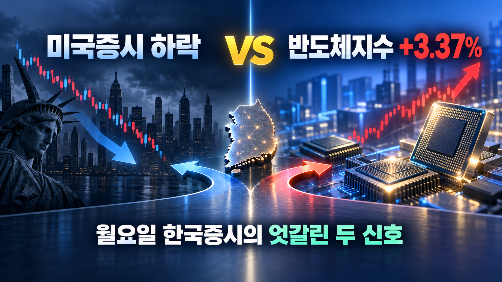 미국증시 하락 vs 반도체지수 +3.37%
월요일 한국증시의 엇갈린 두 신호