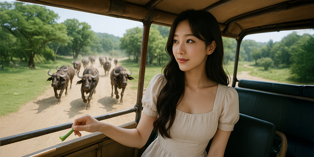 물소가 따라오는 사파리 차를 타고 가는 사람