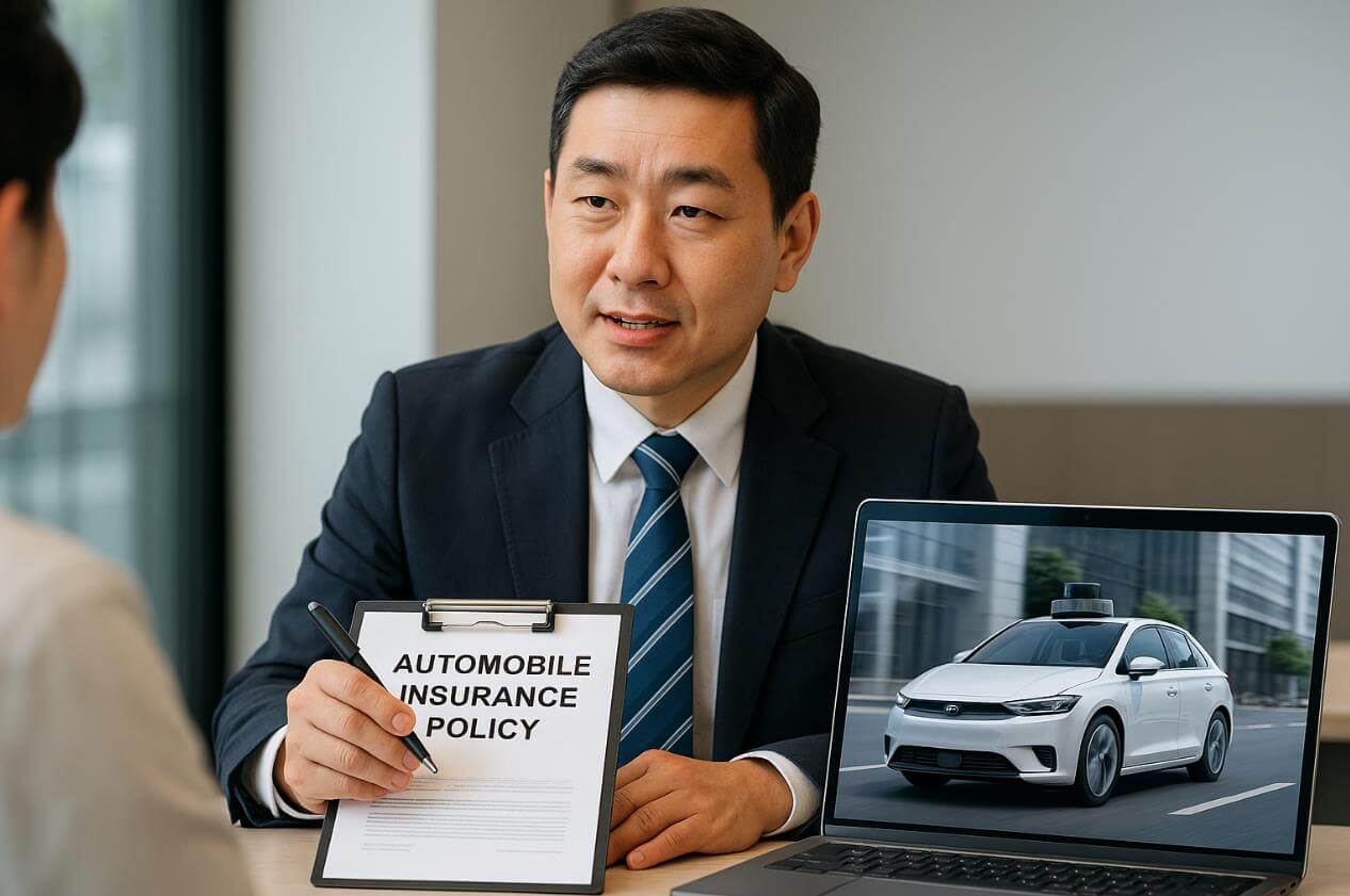 보험 상담원이 자동차 보험 정책 문서를 설명하는 장면.