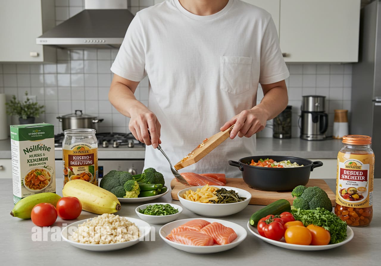 현대적인 주방에서 저혈당지수(GI) 음식을 준비하는 한국 사람. 채소, 현미, 살코기 단백질을 포함한 건강한 식사를 준비하며, 배경은 깔끔하고 세련된 주방 환경을 나타냅니다.