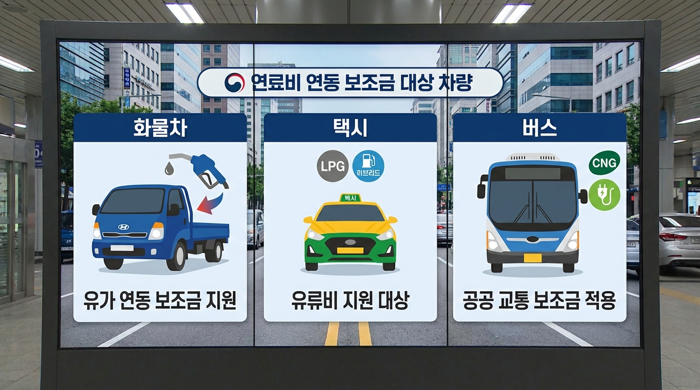 유가 연동 보조금의 원리와 지급 대상인 화물차, 택시 시각화 이미지
