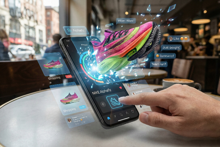 앱 화면에서 튀어 나오는 운동화가 묘사된 커머스 결합 이미지