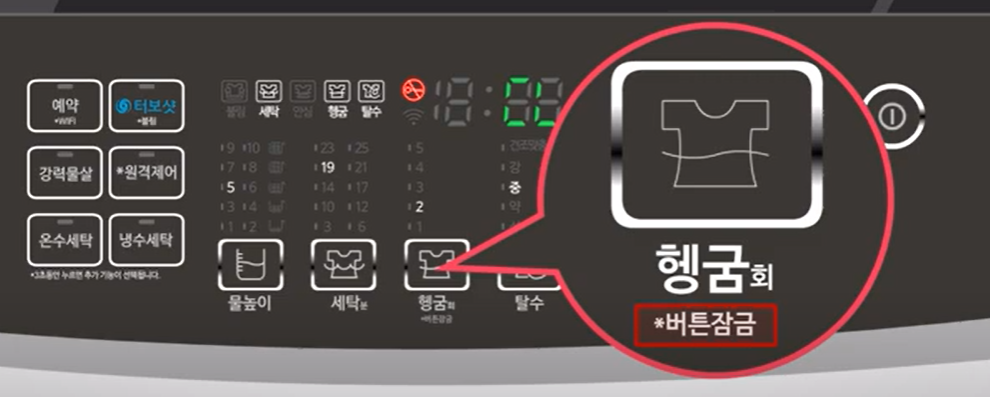 헹굼 버튼 아래에 &lsquo;버튼잠금&rsquo; 표시가 있는 경우 문잠김 해제방법