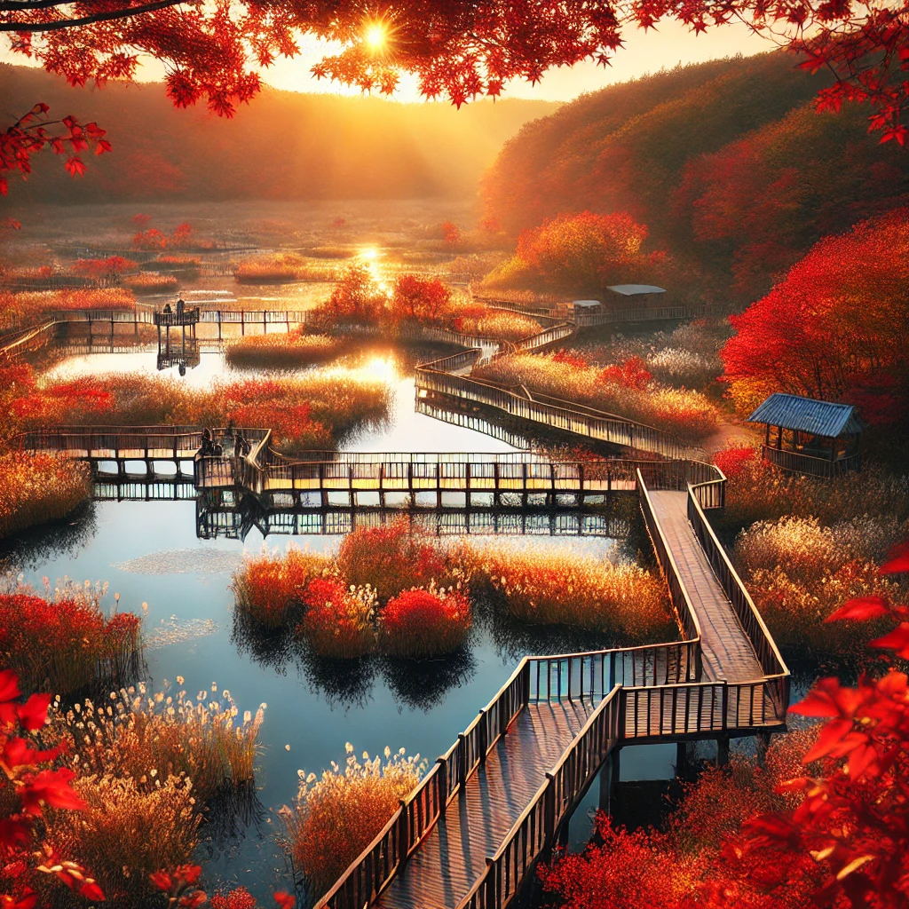 소래습지생태공원의 가을 전경. 붉고 주황빛 단풍이 든 나무들로 둘러싸인 습지와 나무 산책로가 따스한 저녁 햇살 속에 평화로운 분위기를 자아낸다.