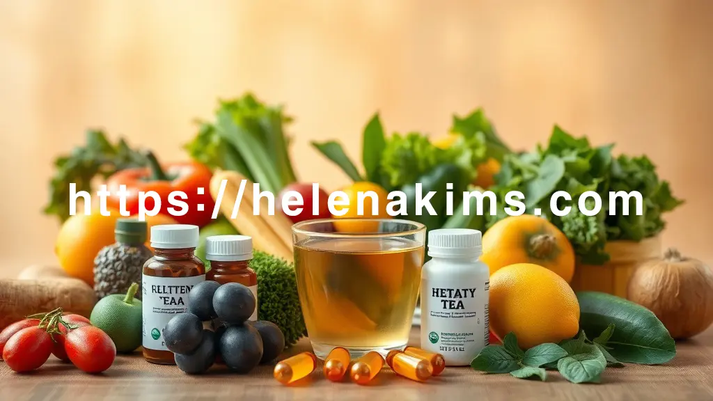 밝고 따뜻한 배경 중앙에 신선한 채소, 과일, 잔잔한 허브차가 놓여 있는 건강한 생활 습관을 상징하는 요소들이 놓여 있고, 이 옆으로 작고 평범한 건강 보조 식품 병 몇 개가 놓여 있는 모습.