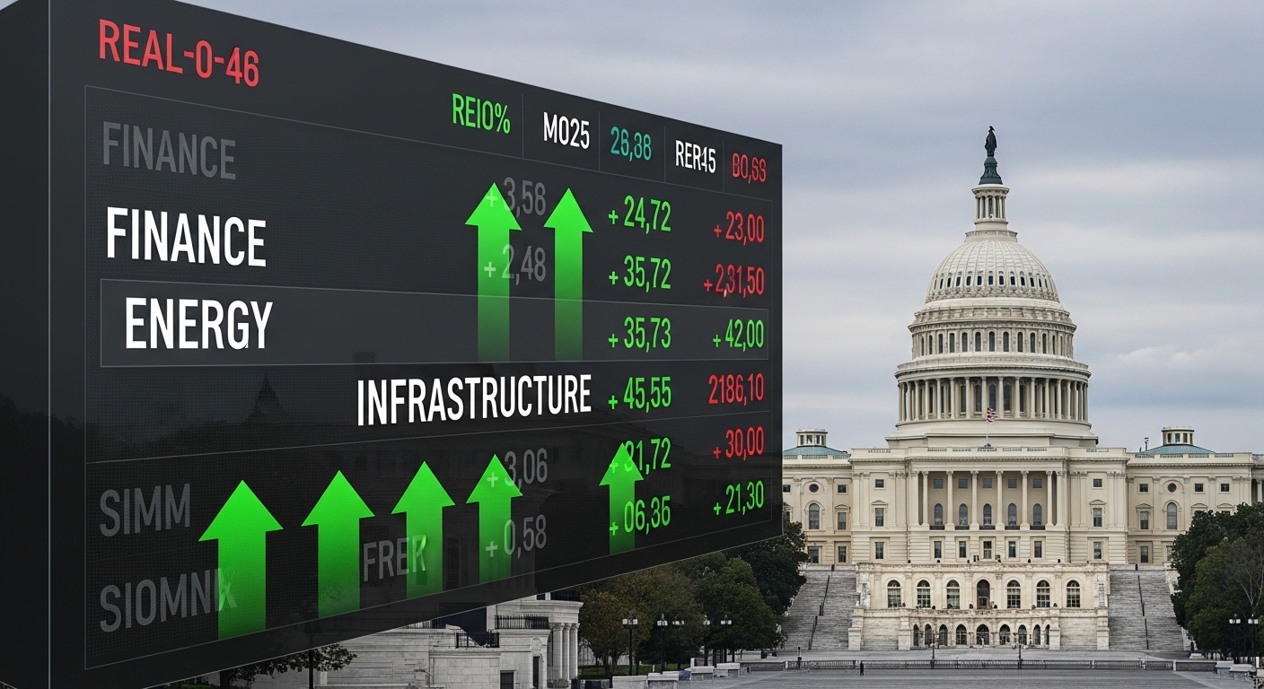 워싱턴 국회의사당을 배경으로 주식 전광판에 금융과 에너지 섹터가 초록색(상승)으로 빛나는 인포그래픽