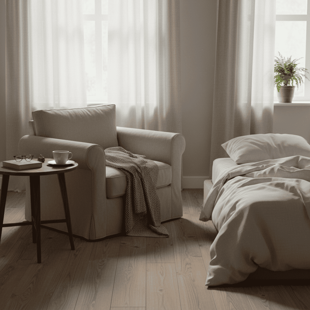 아침 햇살이 들어오는 조용한 실내 공간과 하루가 막 시작되는 분위기