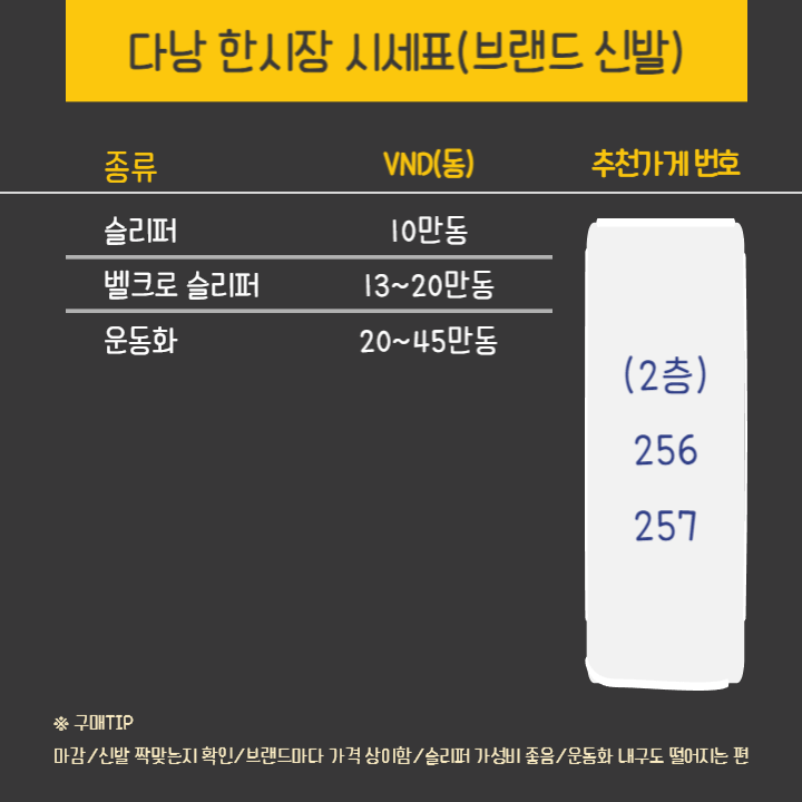 다낭 한시장 시세표 브랜드신발