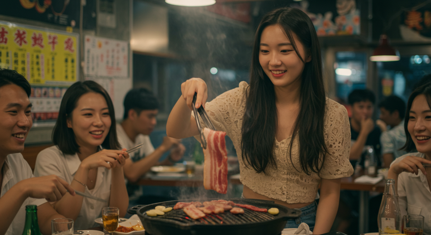 삼겹살을 굽고 있는 여성