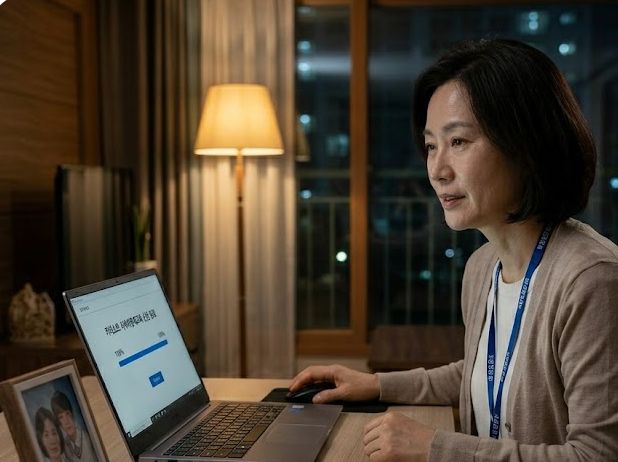 노트북으로 카이스트 영재교육을 신청하며 설레는 공무원 엄마의 모습