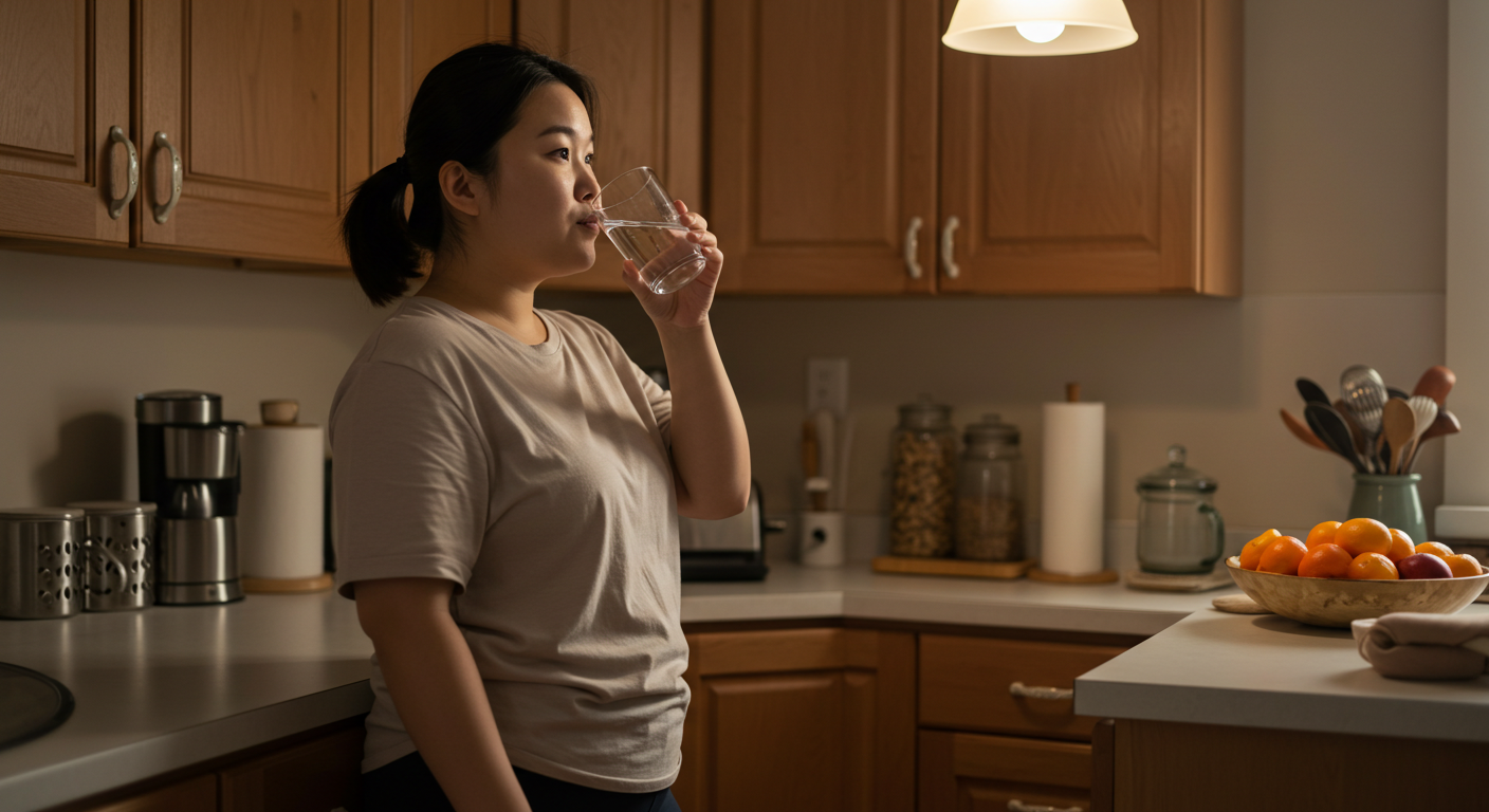주방에서 물 마시는 여성 사진