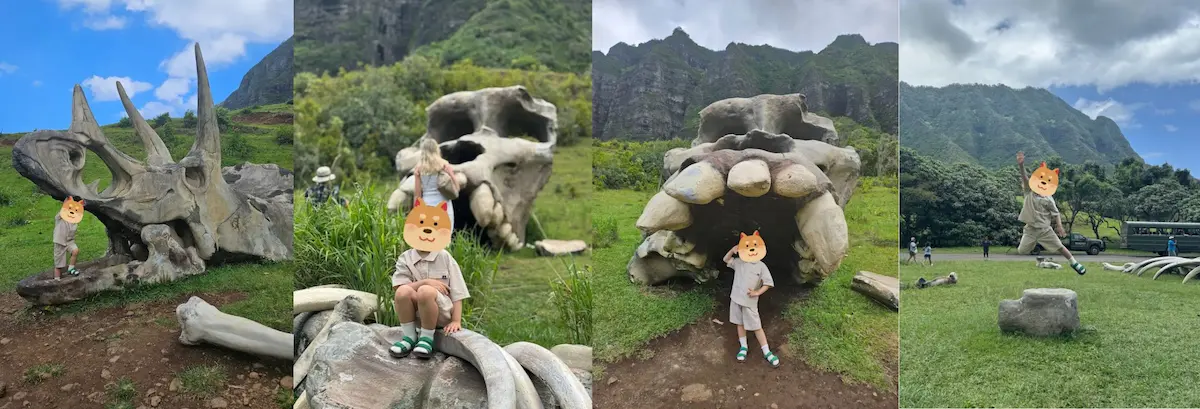 쿠알로아 랜치 공룡뼈모형 앞에서 찍은 기념사진