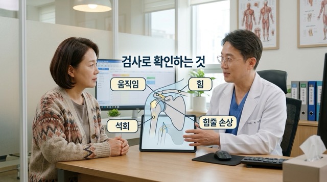 어깨통증 병원 검사 운동범위 근력 Xray 초음파 MRI