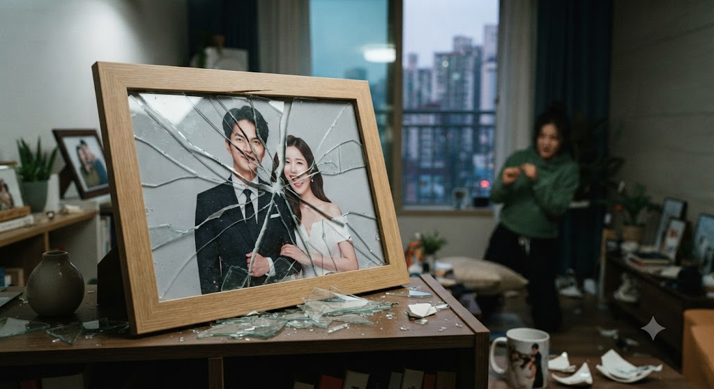 가정폭력으로 결혼사진과 컵이 깨진 모습, 경찰신고와 긴급보호가 절실함