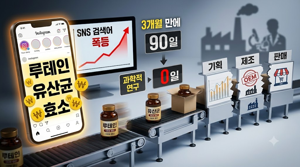 과학적 연구보다 'SNS 트렌드'에 의해 움직이는 건강기능식품 시장의 초고속 OEM 생산 방식을 시각화한 이미지. 세 개의 세션으로 나뉜 컨베이어 벨트가 왼쪽에서 오른쪽으로 흐른다. 가장 왼쪽에는 'SNS 검색어 분석'을 보여주는 스마트폰 화면에 인스타그램 피드와 '루테인', '유산균', '효소' 같은 인기 검색어 키워드가 복잡하게 얽혀 있다. 중앙에는 '3개월 완성'이라는 글자와 함께 90일에서 0일로 빠르게 카운트다운되는 디지털 타이머가 있다. 컨베이어 벨트 위로 작은 갈색 영양제 병들이 끊임없이 찍혀 나오며, 병 라벨에는 'OEM 생산'과 '초고속 출시'라는 글자가 선명하다. 가장 오른쪽에는 '책임 회피'를 상징하는 Fragmented Process (부서진 공정)가 기획자, 제조사, 판매처의 세 가지 쪼개진 역으로 나타나, 부작용 발생 시 서로 책임을 회피하는 구조를 시각적으로 보여준다. 전체적으로 긴박하고 비판적인 분위기를 연출했다.