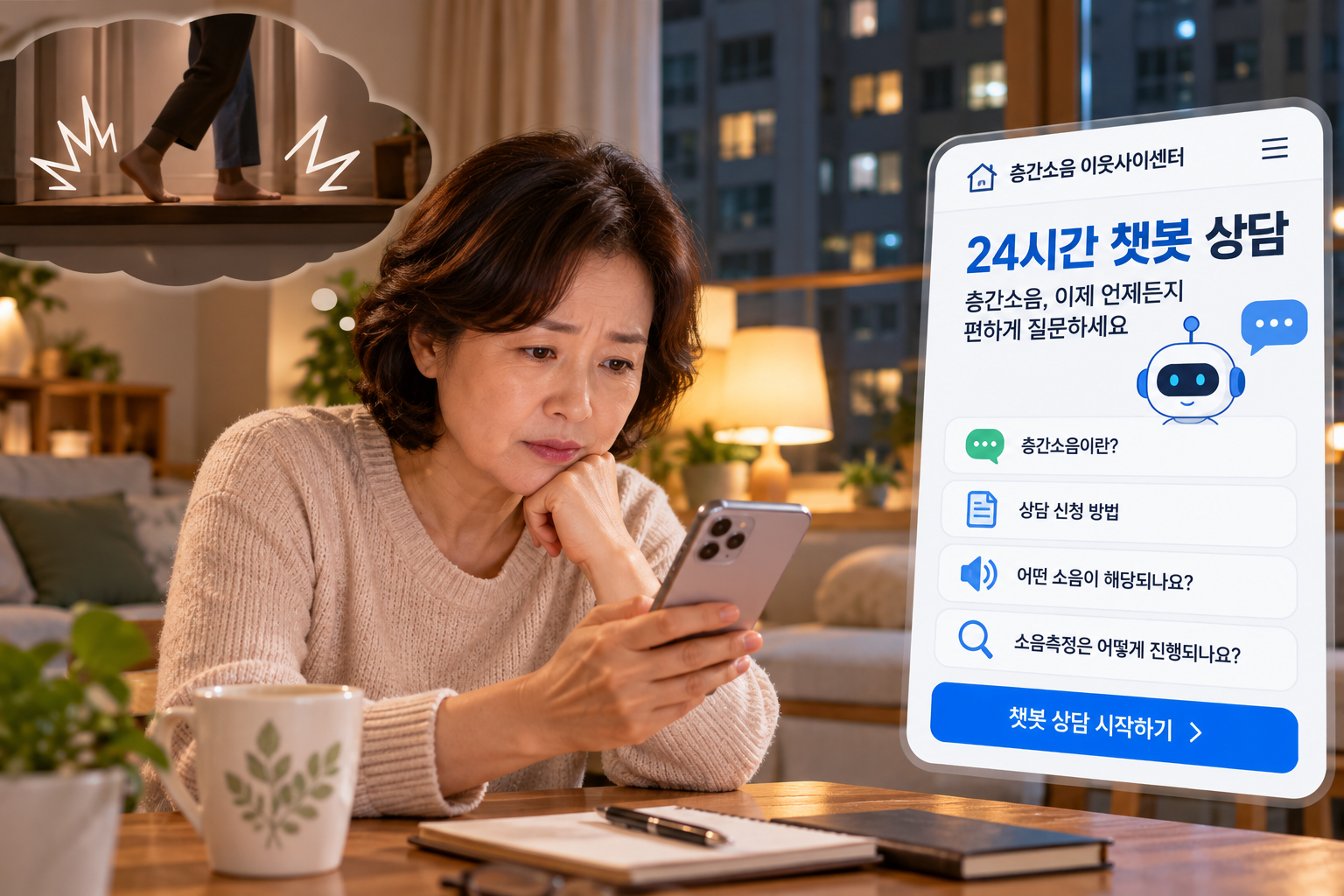 거실에서 스마트폰으로 층간소음 이웃사이센터의 24시간 챗봇 상담 정보를 확인하는 중장년 여성