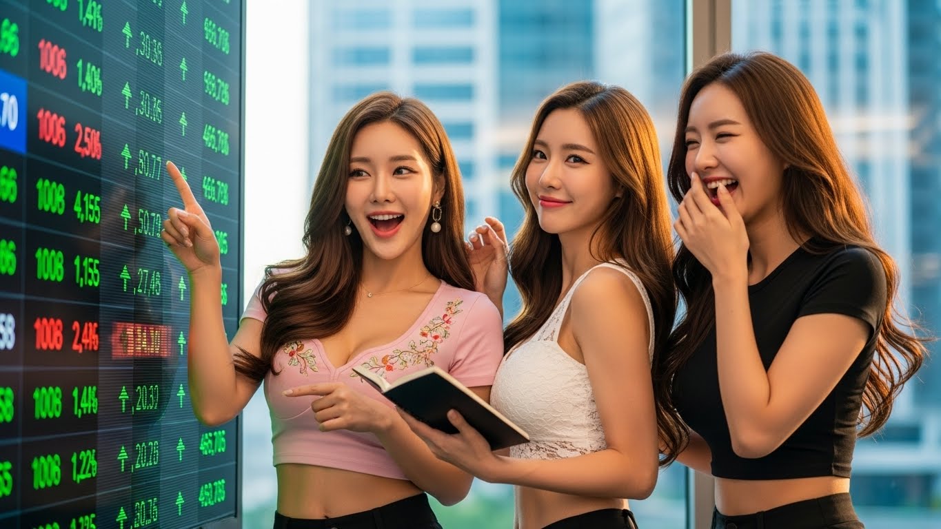 주식을 보며 즐거워하는 여성들