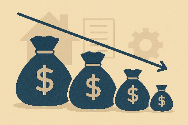 규제로 인해 점차 줄어드는 대출 가능 금액을 단계별 돈주머니로 표현한 일러스트