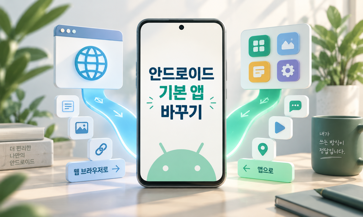 안드로이드 휴대전화에서 기본 앱과 링크 열기 선택 경로를 보여주는 삽화