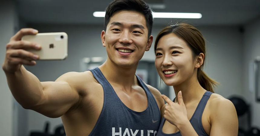 아이폰으로 커플셀카를 찍고있는 남녀커플 이미지