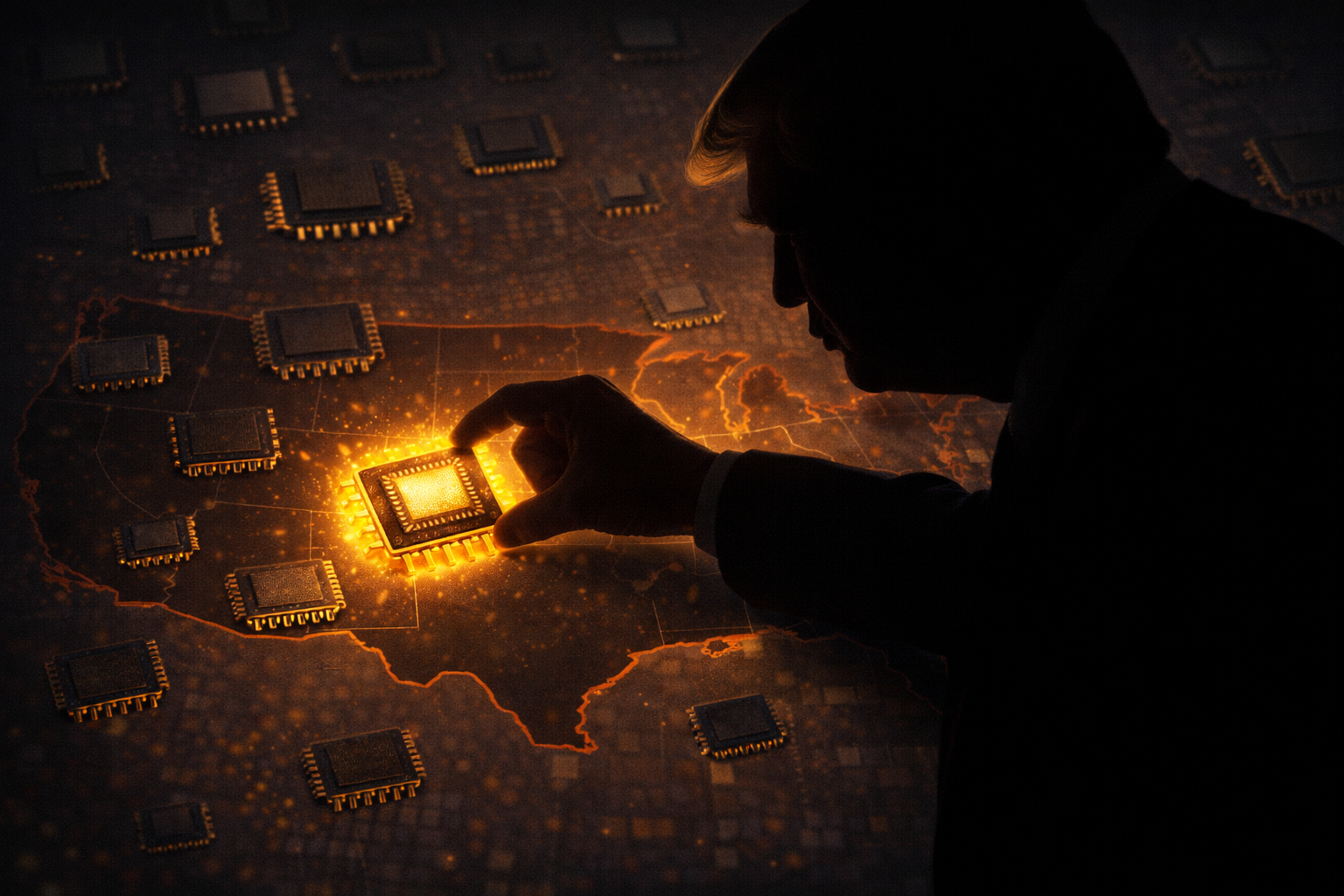 도널드 트럼프 대통령의 실루엣(또는 뒷모습)이 미국 지도 위에 반도체 칩