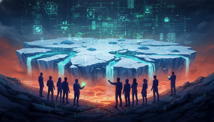 디지털 네트워크가 녹아내리는 빙하 위로 겹쳐지고, 다양한 실루엣의 사람들이 이를 바라보는 추상적인 이미지. 2025년 기후 변화, 기술 발전과 인권의 복잡한 관계를 시사.