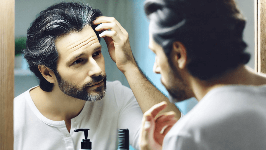 검은 머리가 풍성한 남성이 새치를 걱정하는 모습