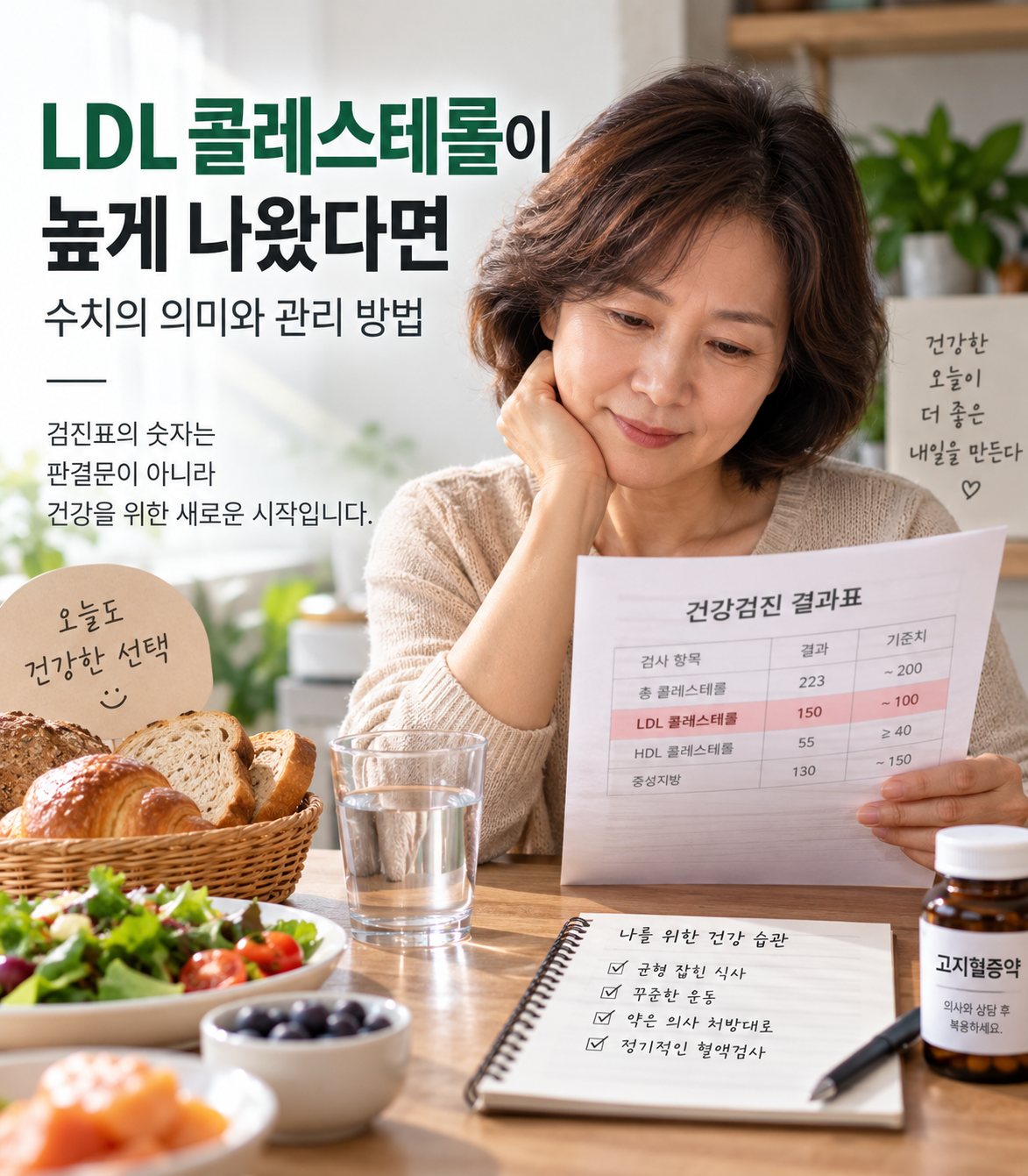 건강검진 결과표에서 LDL 콜레스테롤 수치를 확인하는 중년 여성
