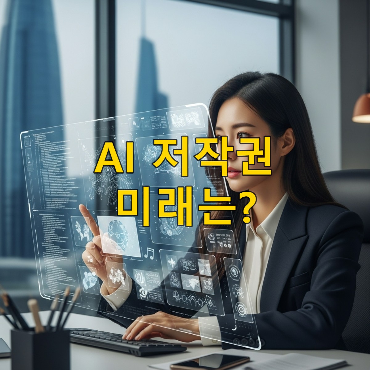 20대 후반의 한국인 그래픽 디자이너가 현대적인 한국 사무실에서 AI가 생성한 콘텐츠를 홀로그램 스크린으로 보며 저작권 문제에 대해 깊이 고민하는 모습.