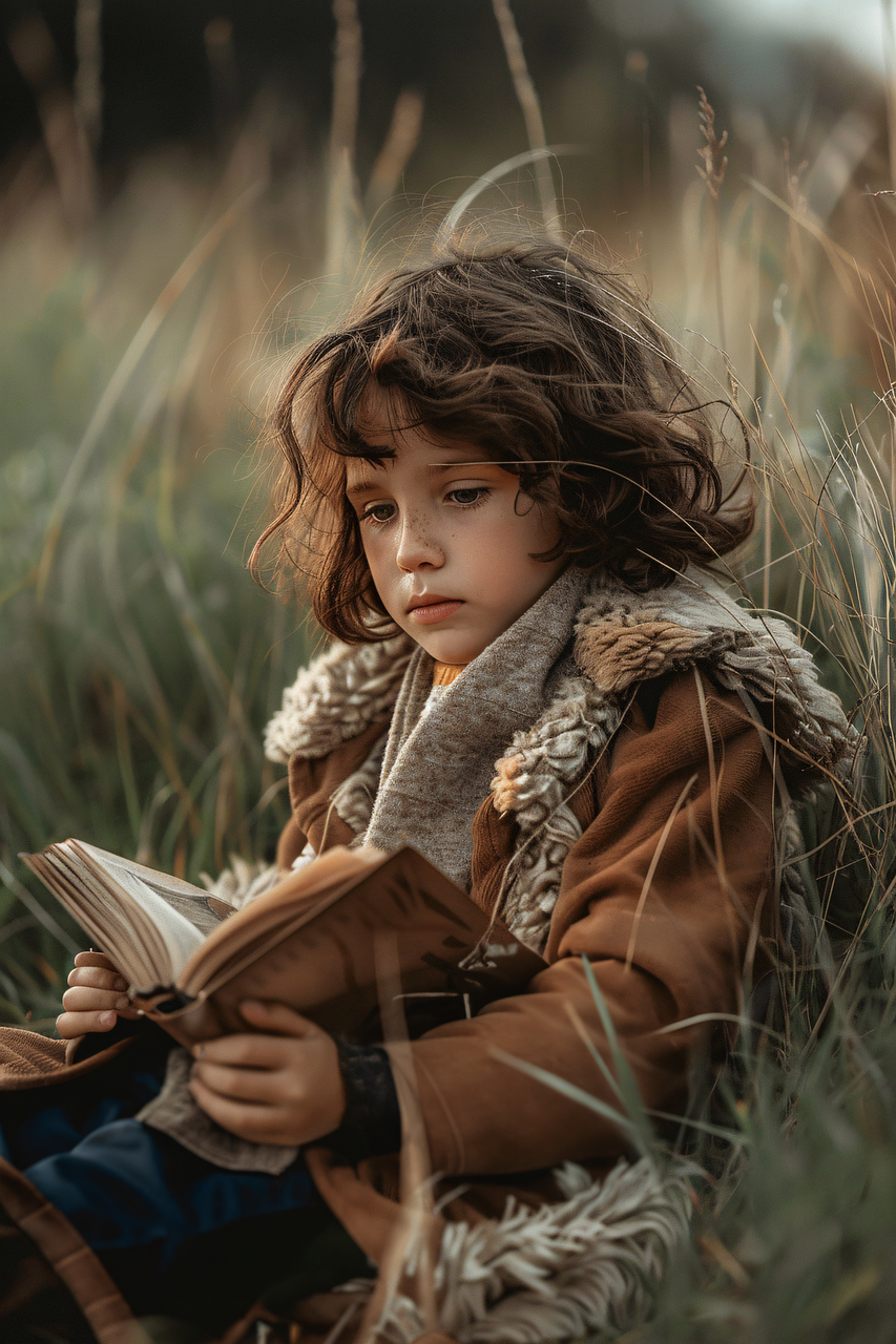 어린이가 풀밭에 앉아서 독서를 하고있는 사진입니다.