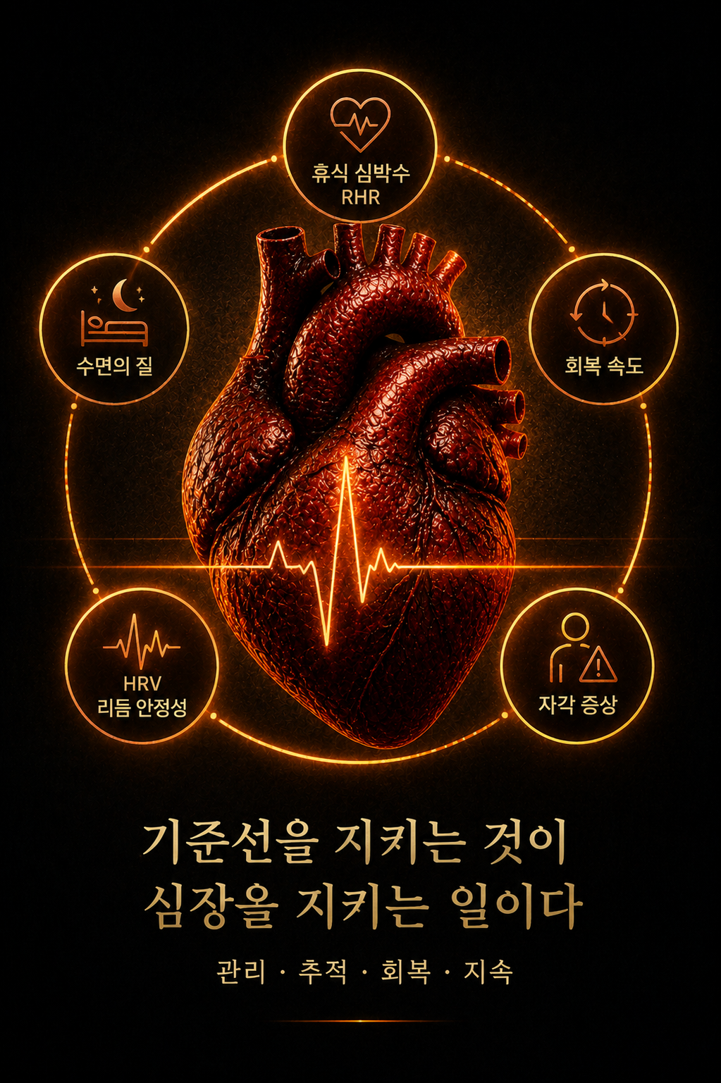 Anatomical heart image representing cardiovascular baseline management after age 40, including RHR, HRV, recovery, sleep quality, and rhythm stability.