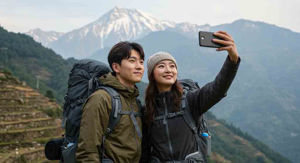 안타푸르나를 배경으로 기념사진 촬영하는 커플
