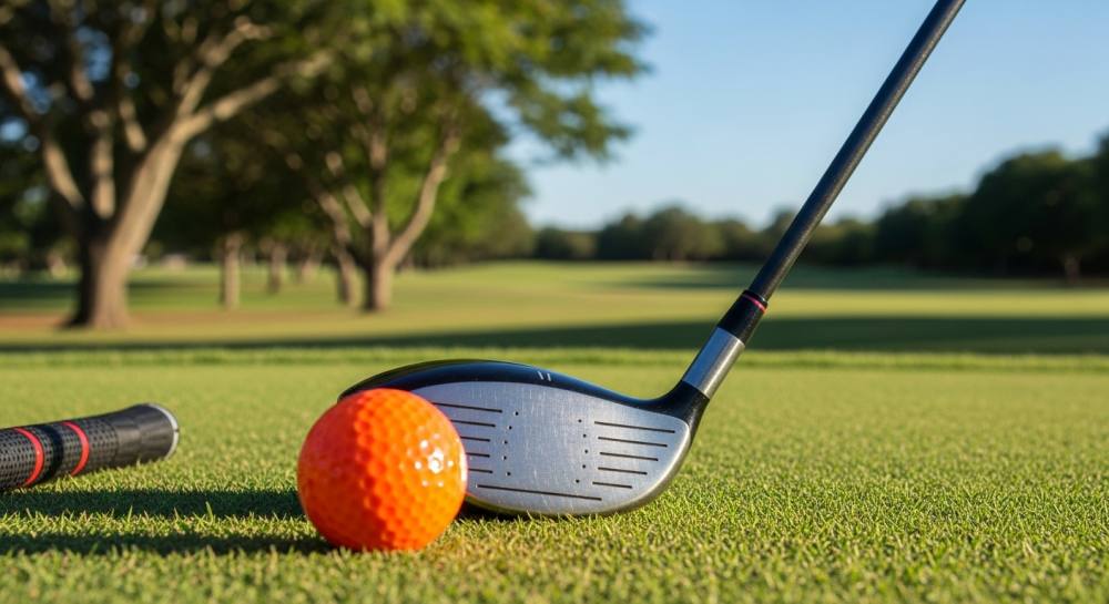 필드에 골프채와 골드공 올라와있는 사진