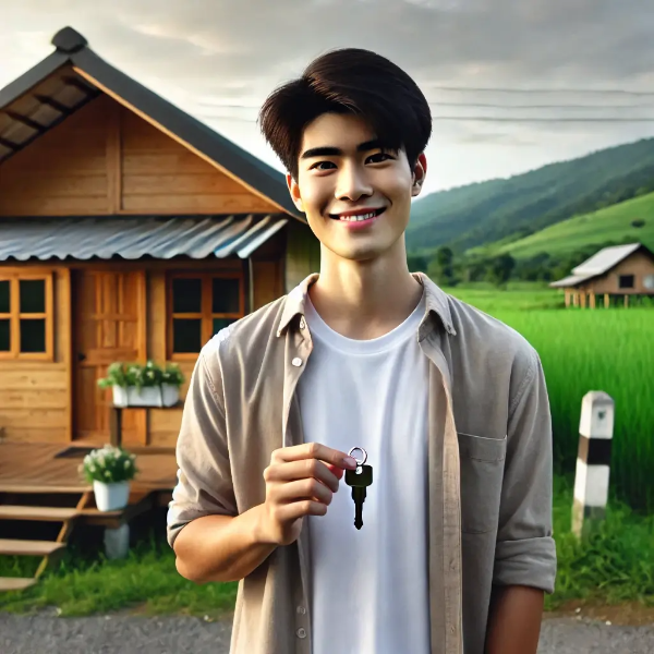시골집 앞에서 열쇠를 들고 미소 짓는 귀촌 청년의 모습