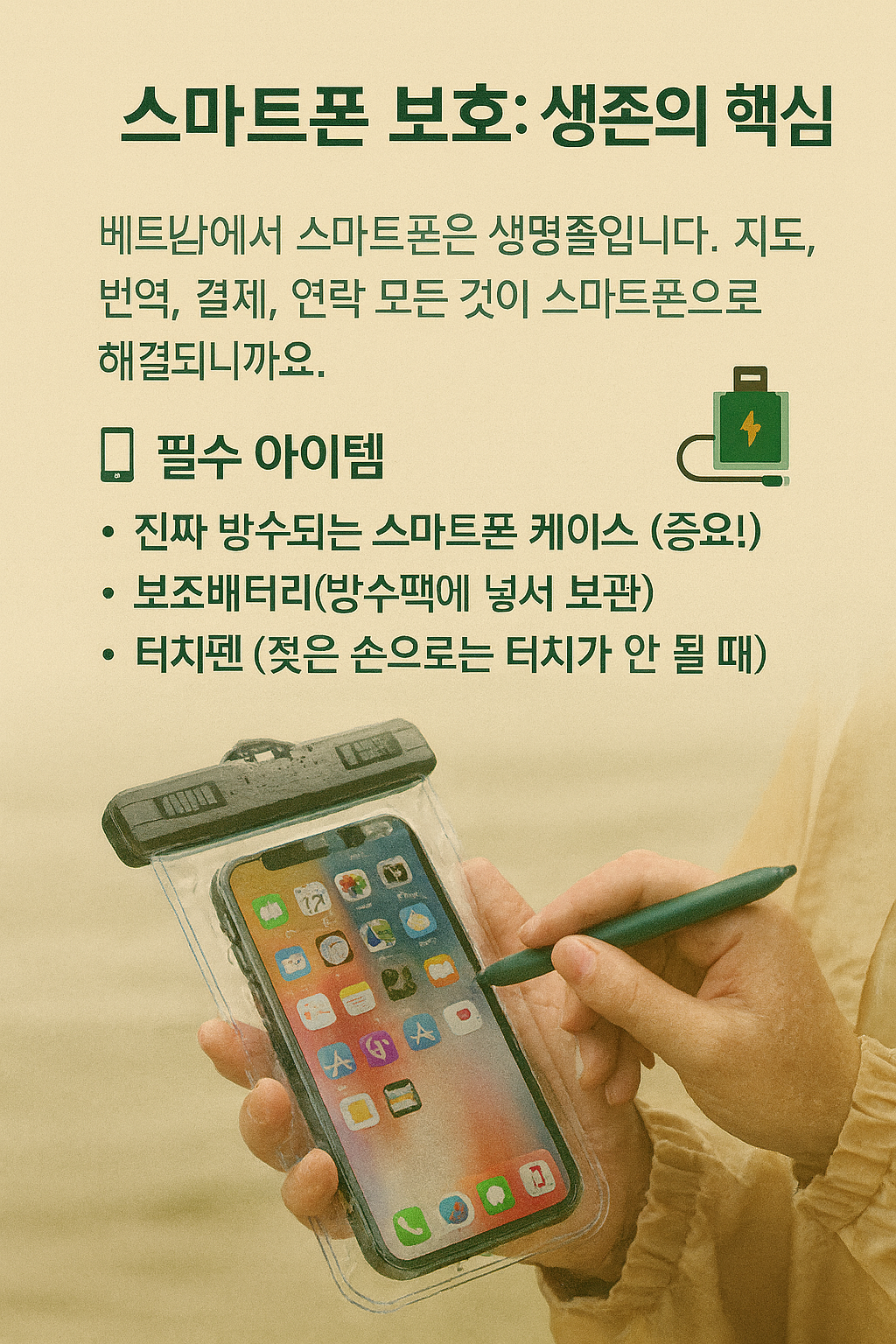 베트남 우기철 스마트폰 보호 방법 인포그래픽 - 방수 케이스, 보조배터리, 터치펜 필수 아이템 안내
및 실제 방수 케이스를 낀 스마트폰에 터치펜으로 사용하는 모습