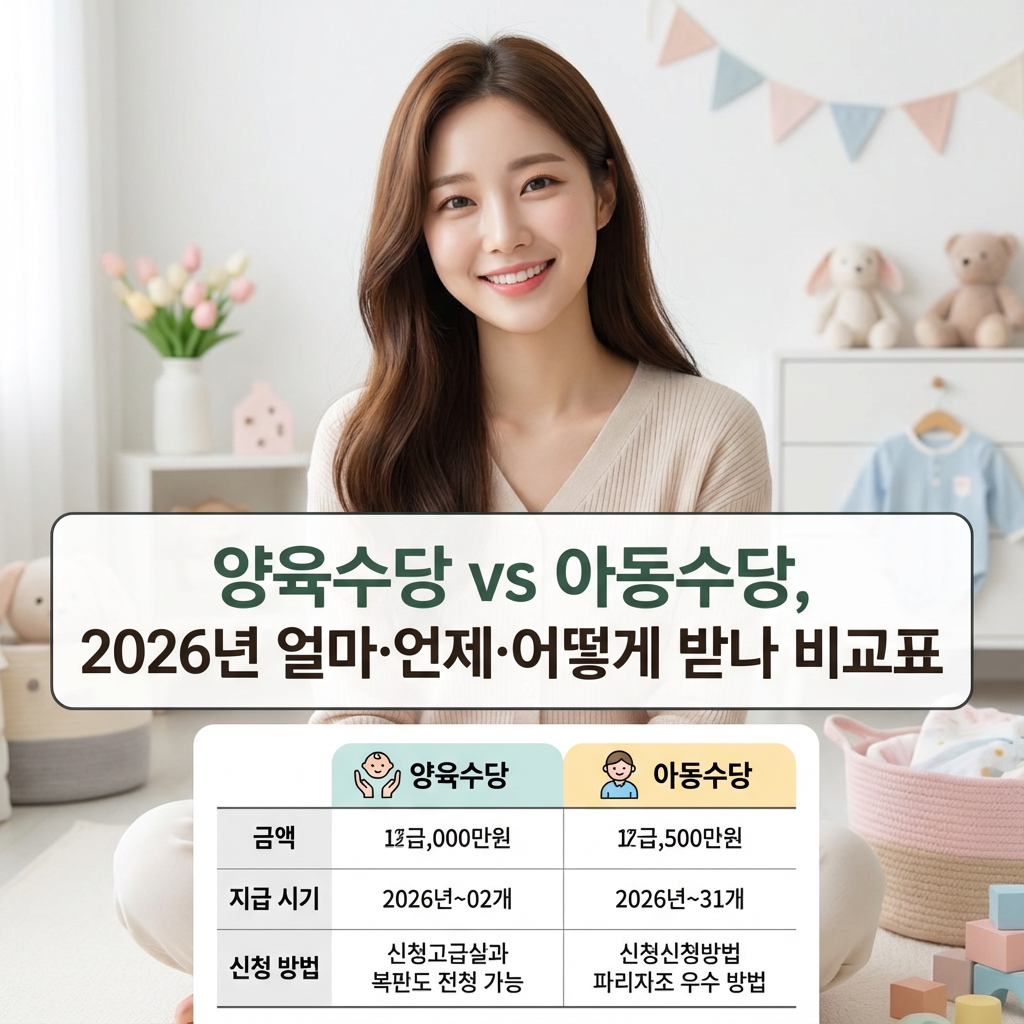 양육수당 vs 아동수당 ｜ 2026년 얼마&middot;언제&middot;어떻게 받나 비교표