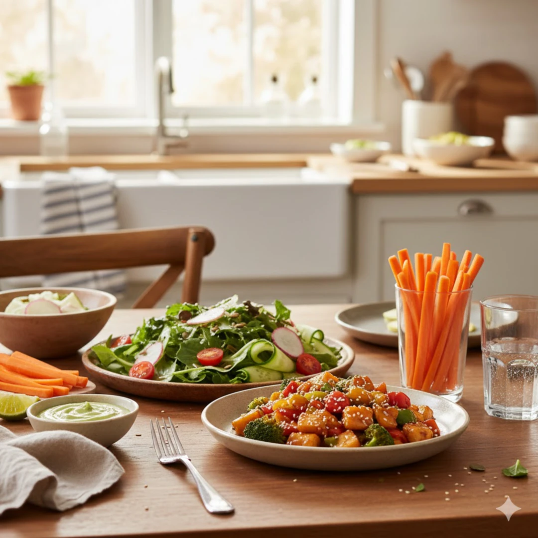 히카마를 넣은 샐러드, 볶음, 또는 신선한 스틱 형태로 준비된 요리들이 아름답게 플레이팅되어 있습니다. 밝고 따뜻한 주방 또는 식탁 분위기에서 식욕을 돋우는 모습으로 연출합니다.