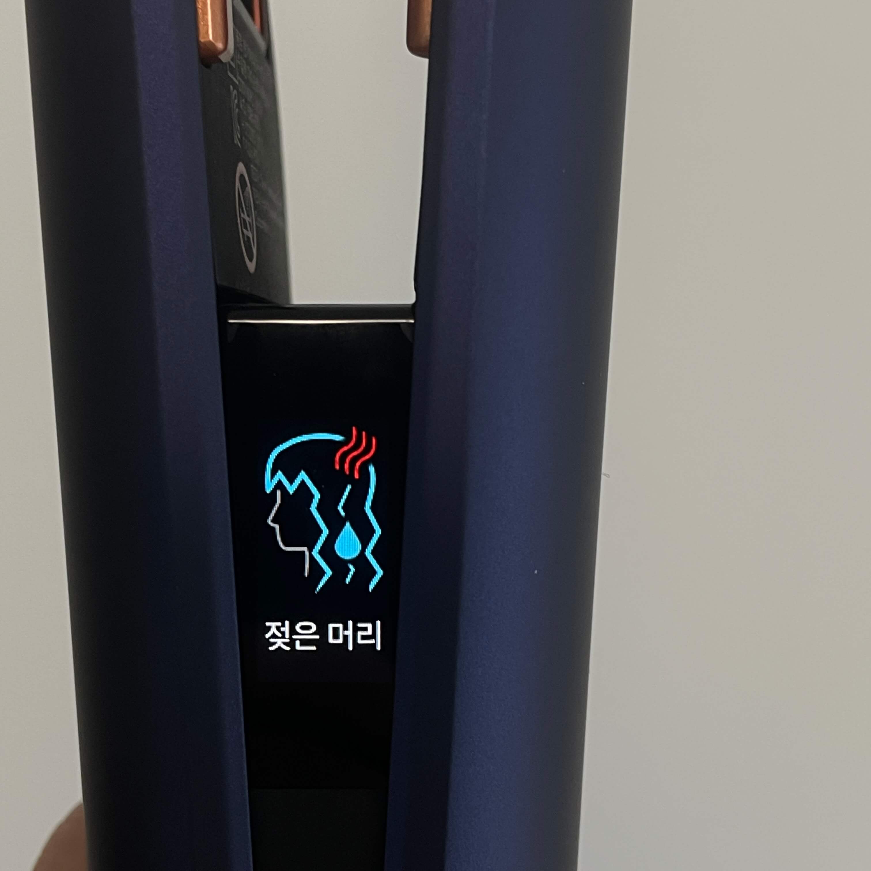 다이슨 에어스트레이트 스트레이트너 lcd 화면&#44; 젖은 머리가 표시되어 있다.