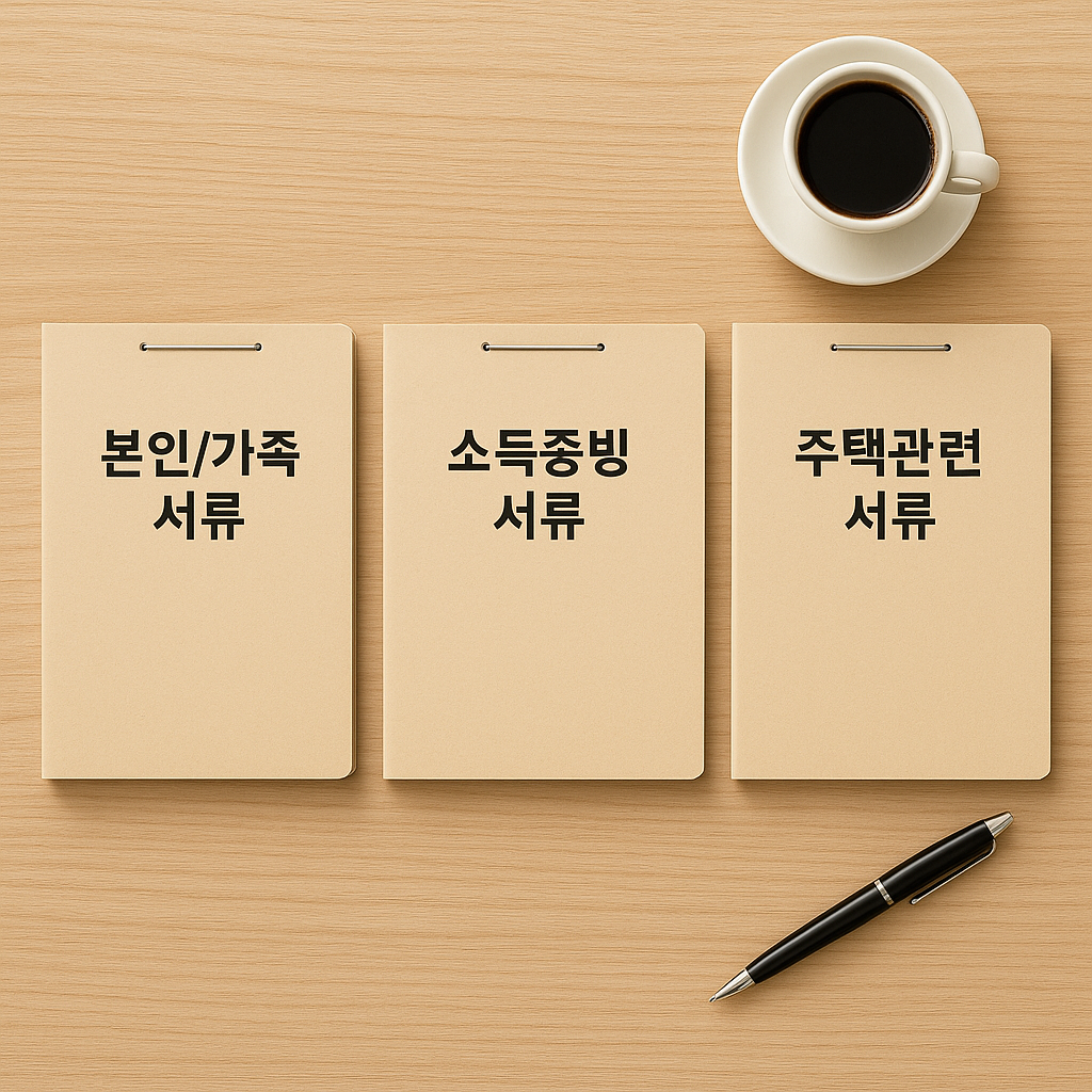 깔끔하게 정리된 책상 위, '본인확인', '소득증빙', '주택관련'으로 분류된 서류 폴더들과 커피 한 잔이 놓여 있는 편안한 분위기의 이미지.